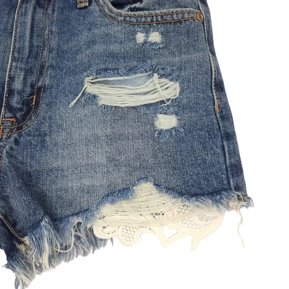 Hand Embroidered Aeropostale Cheeky Denim Shorts Distressed Lace Boho Floral - Picture 4 of 8